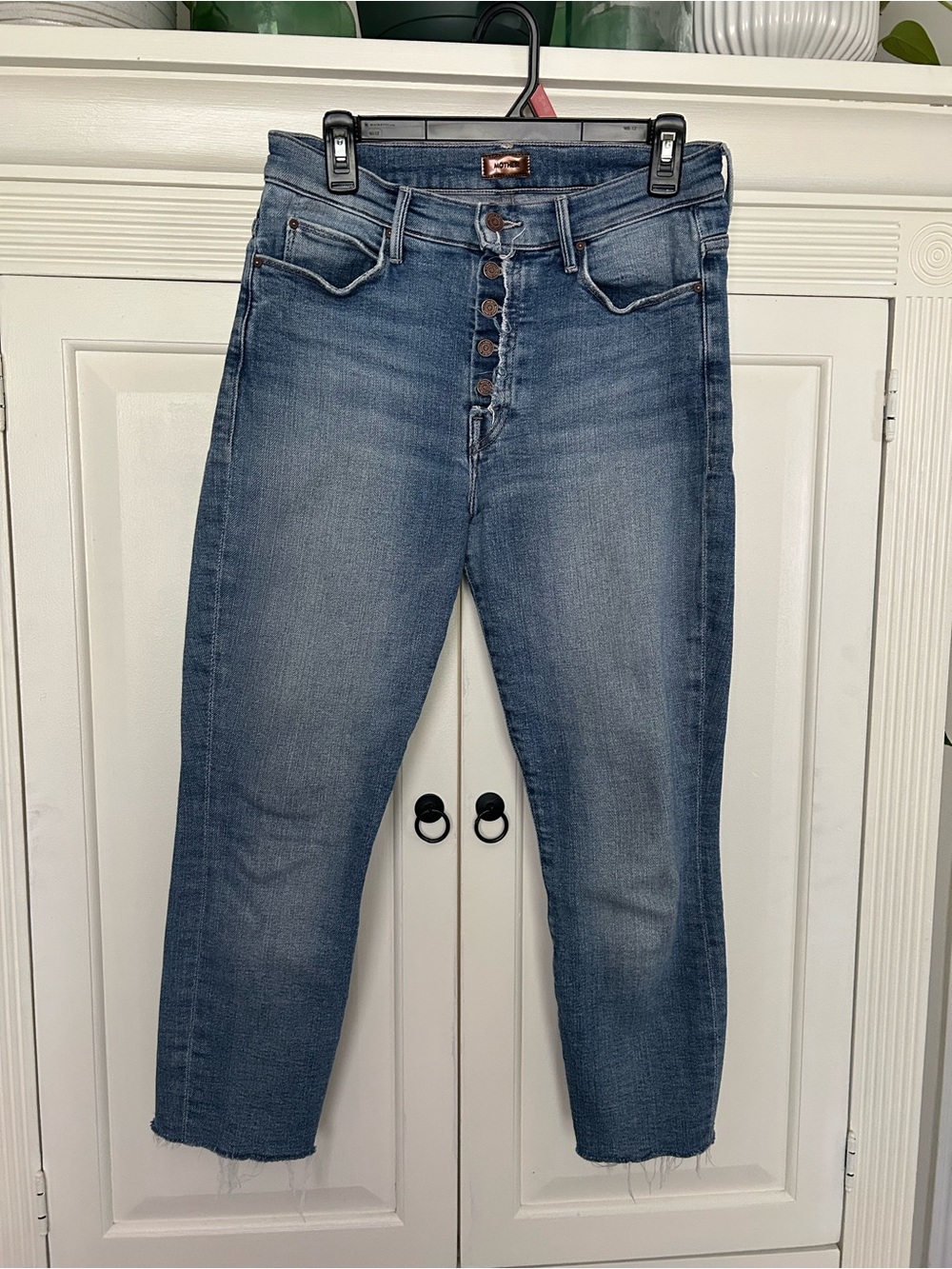MOTHER Medium Blue High-Rise Button-Fly Cropped Jeans